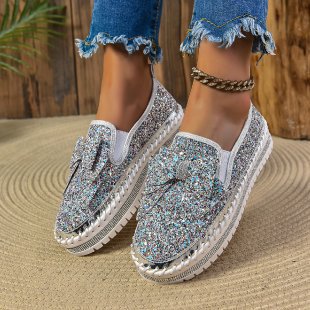 Damen Glitzer-Plateau-Slipper mit Schleifenapplikation und profilierter Komfortsohle Echo Archiv