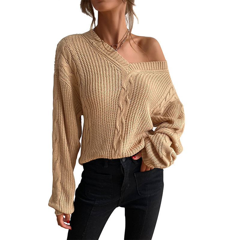 Damen Grobstrick Oversize-Pullover mit Zopfdetail und weitem V-Ausschnitt Echoarchiv