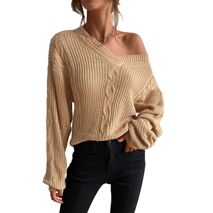 Damen Grobstrick Oversize-Pullover mit Zopfdetail und weitem V-Ausschnitt Echoarchiv