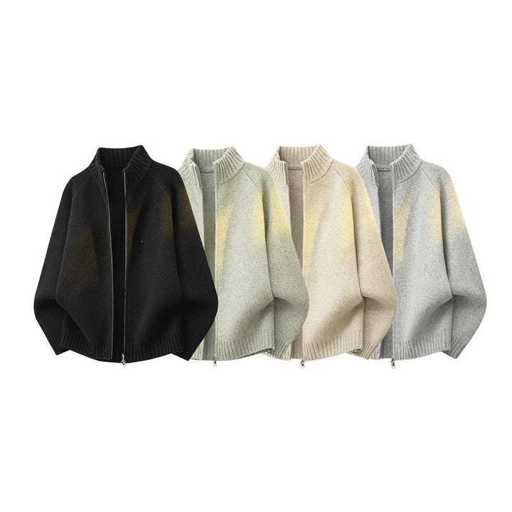 Damen Oversize Teddy-Strick-Cardigan mit Stehkragen, Rippsäumen & Zwei-Wege-Reißverschluss Echoarchiv