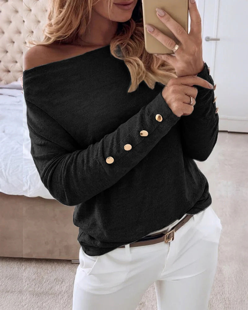 Damen Offshoulder Feinstrickpullover mit Zierknopfleiste an den Ärmeln – Mavelle