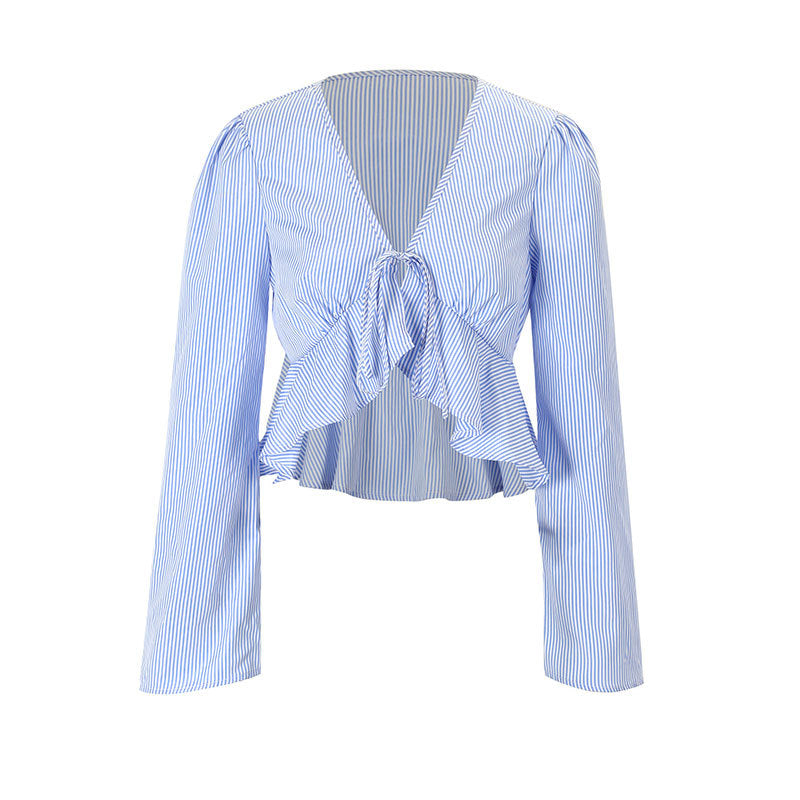 Damen cropped Bluse mit verspielten Rüschendetails und bindbarem Krawattenverschluss Echo Archiv