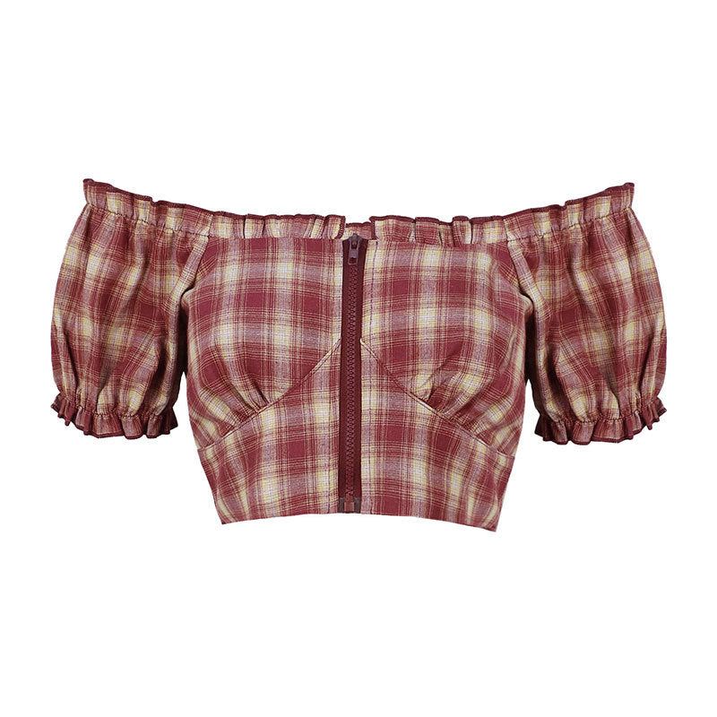Damen Cropped Bluse mit Puffärmeln und Reißverschluss Echo Archiv