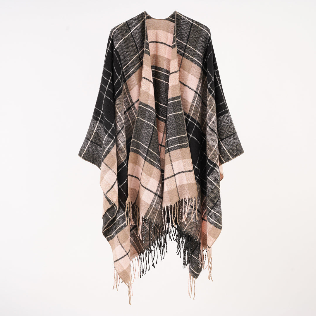 Damen Oversize-Wickelruana im Blockkaro mit Fransen-Detail – Avérine