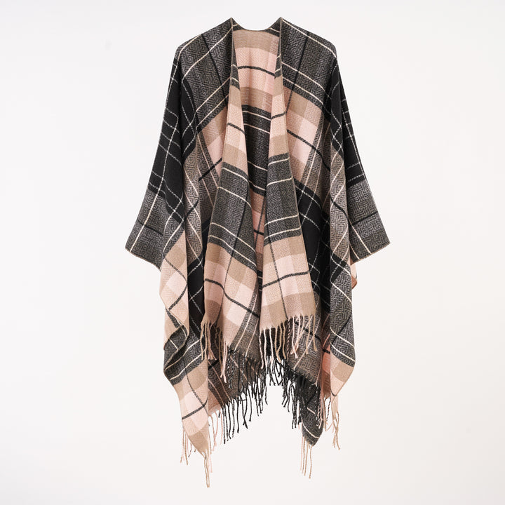 Damen Oversize-Wickelruana im Blockkaro mit Fransen-Detail – Avérine