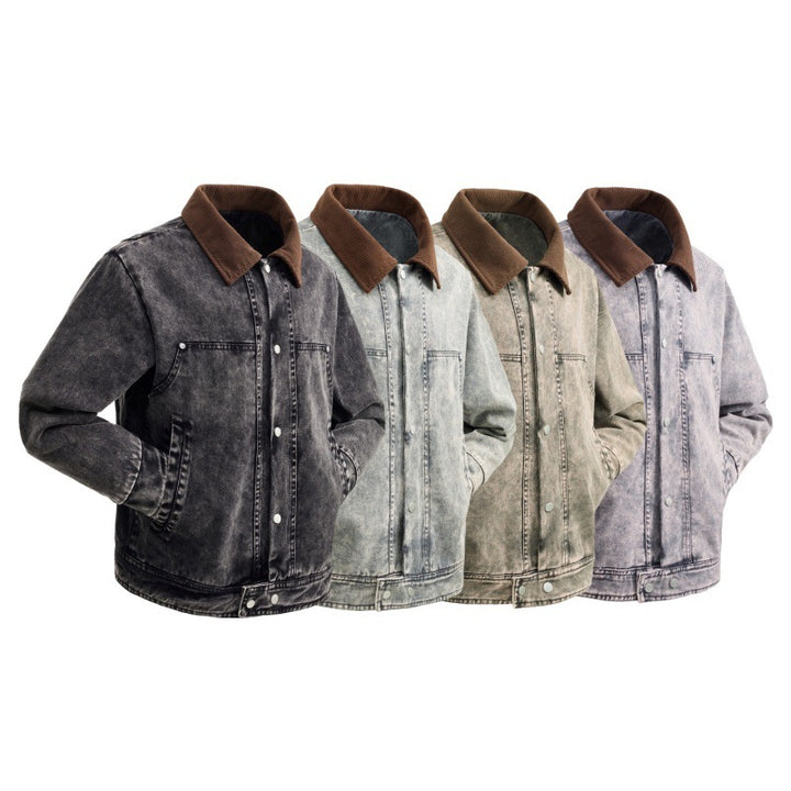 Herren gepolsterte Denimjacke mit Cordkragen, Druckknopfverschluss und praktischen Seitentaschen – Denvaro