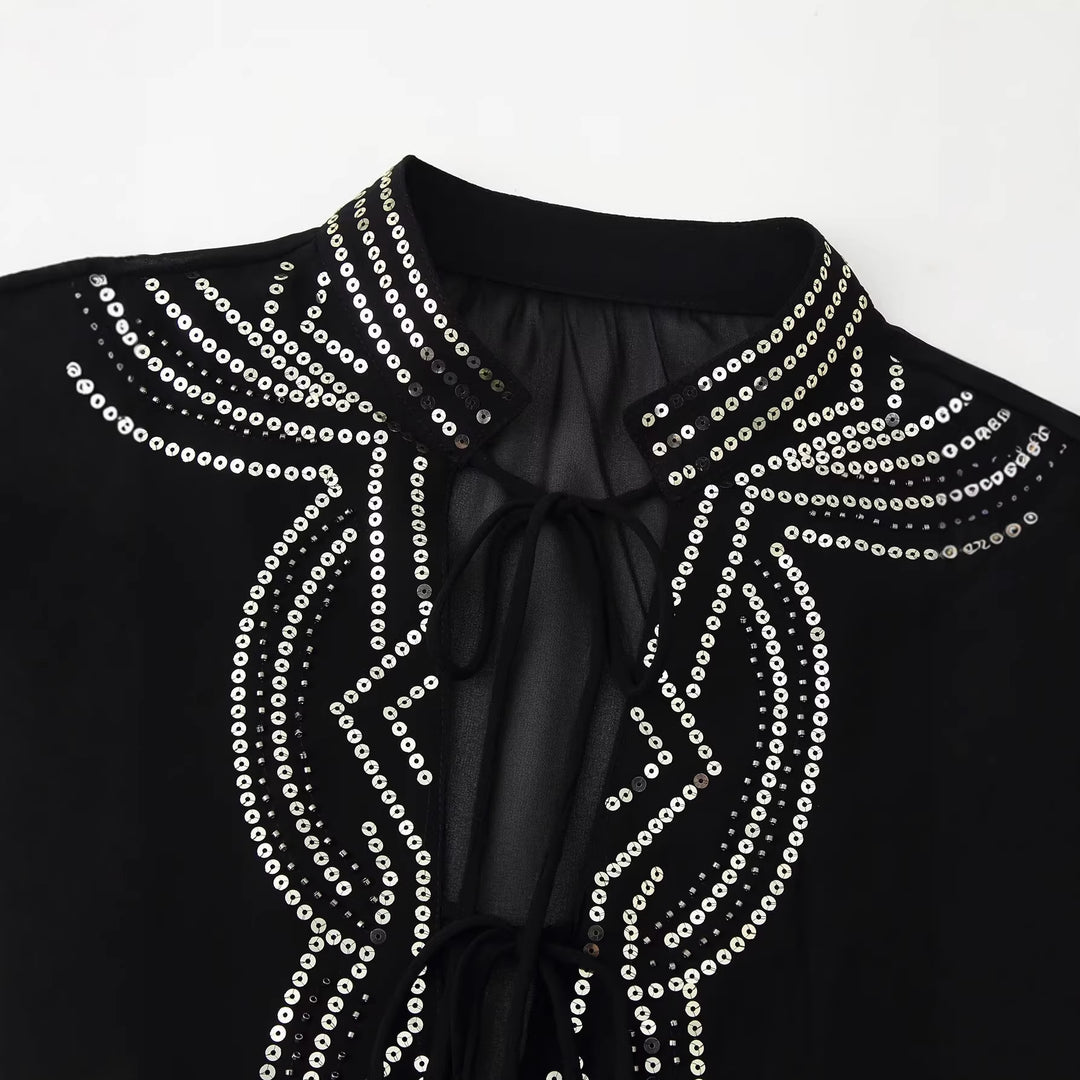 Damen Chiffonbluse mit Paillettenbesatz, Ballonärmeln und Bindekragen Echo Archiv