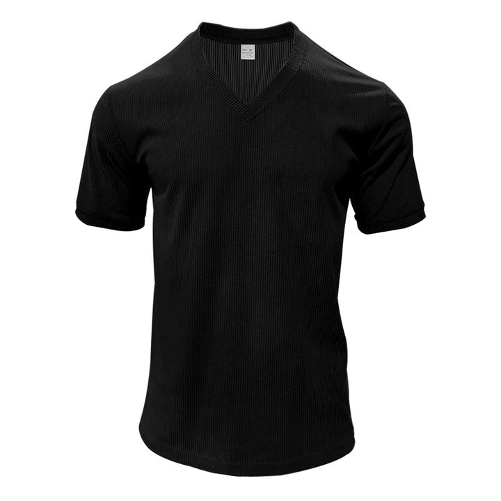 Herren nan strukturiertes V-Ausschnitt-Rippjersey-Shirt mit kurzem Arm und körpernaher Passform Echo Archiv