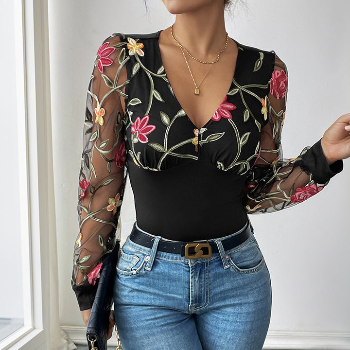 Damen Bestickter Mesh-Body mit V-Ausschnitt, figurformendem Rumpf und transparenten Blumenärmeln – Bodéline