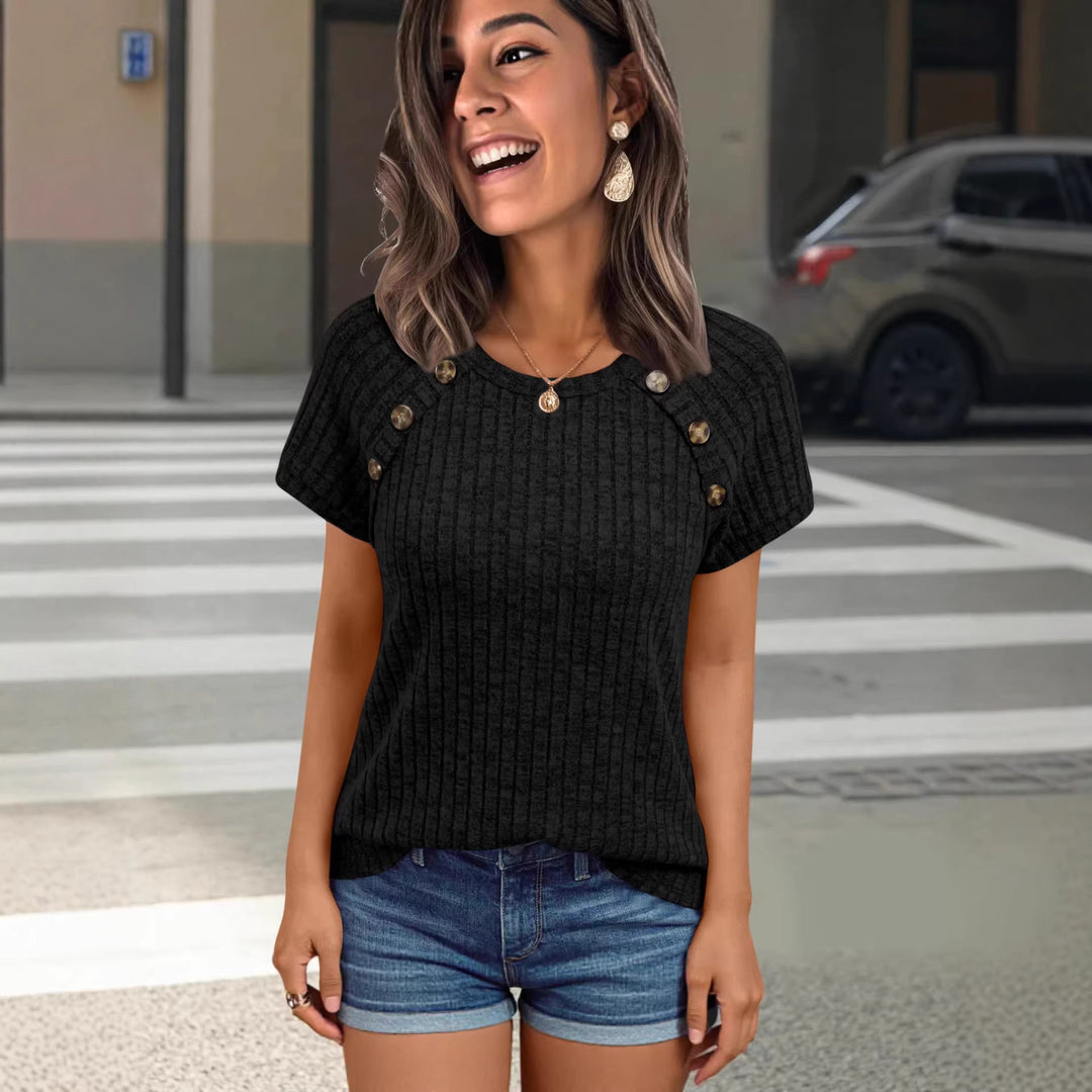 Damen lässiges Rippenstrick-T-Shirt mit Knöpfen Echo Archiv