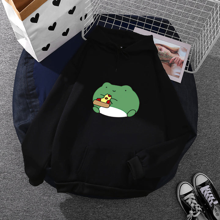 Damen gemütlicher Kapuzenpullover mit kawaii Frosch‑Pizza‑Motiv und oversized Relax‑Fit – Auréline