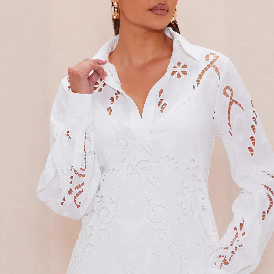 Damen Elegantes Hemdblusenkleid mit raffinierter Lochstickerei und langem Ärmel Echo Archiv