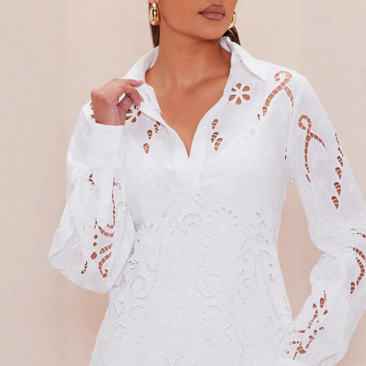 Damen Elegantes Hemdblusenkleid mit raffinierter Lochstickerei und langem Ärmel Echo Archiv