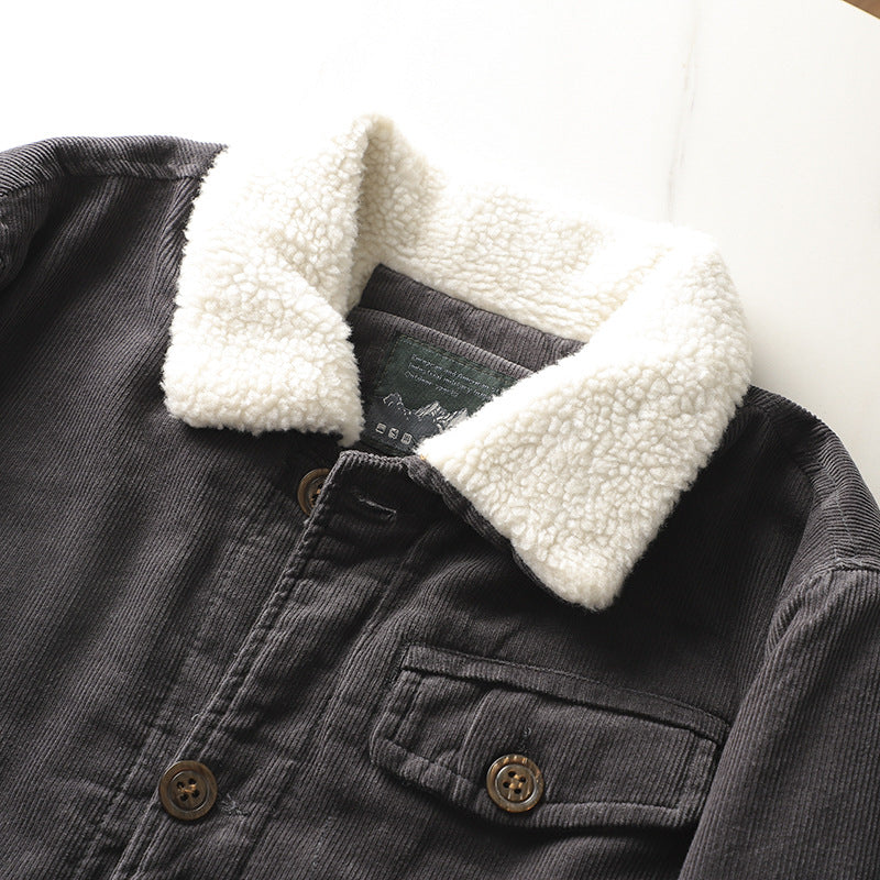 Herren nan gefütterte Cordjacke mit Teddykragen, Knopfleiste und aufgesetzten Taschen Echo Archiv