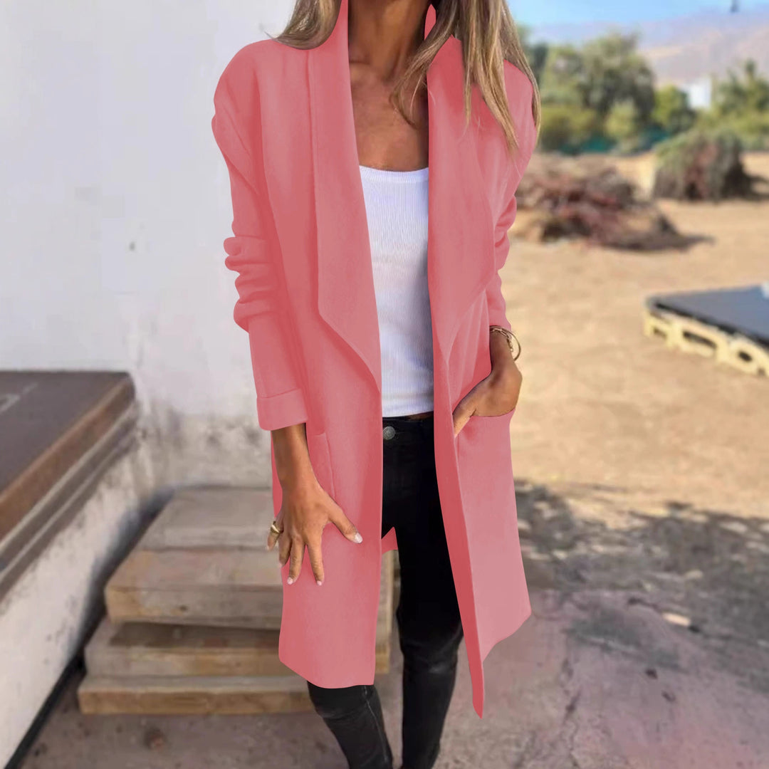 Damen Longline Blazer mit Schalkragen, offenem Schnitt und aufgesetzten Taschen – Valéne
