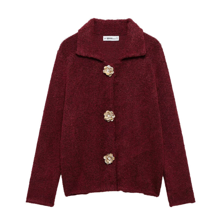 Damen nan kurz geschnittene Bouclé-Jacke mit dekorativen Blumenknöpfen und rundem Umlegekragen Echo Archiv