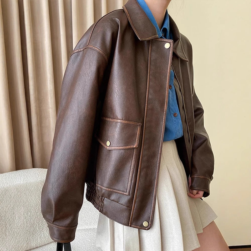 Damen Oversize-Lederimitatjacke mit Hemdkragen und Reißverschluss Echo Archiv