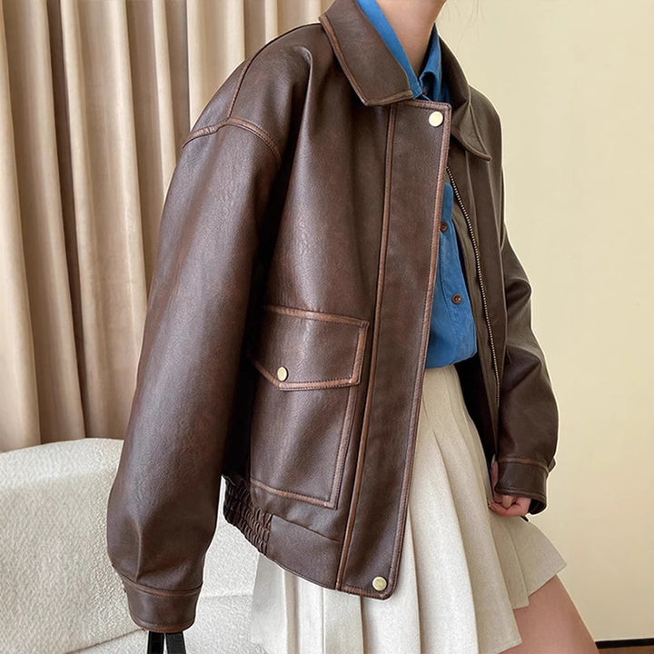 Damen Oversize-Lederimitatjacke mit Hemdkragen und Reißverschluss Echo Archiv