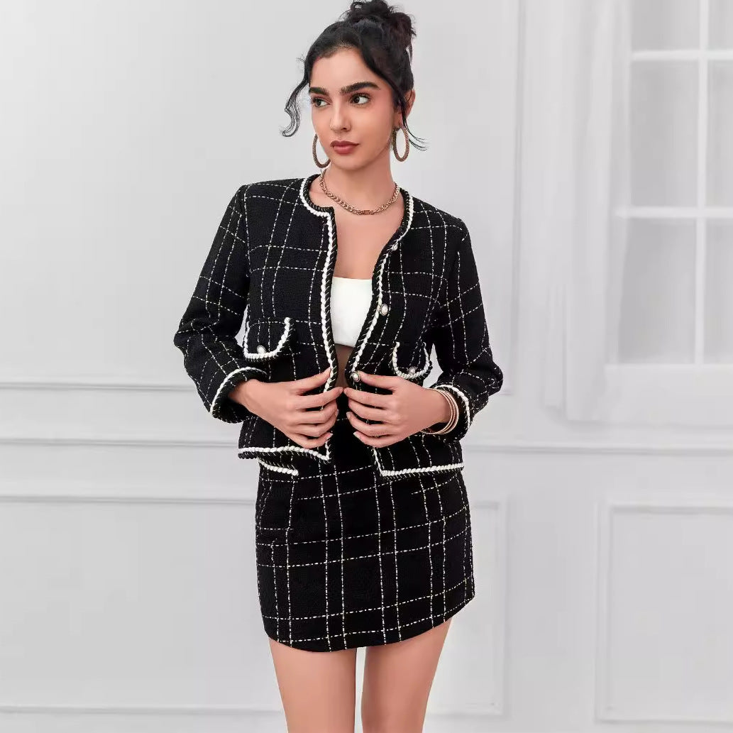 Damen Zweiteiliges Bouclé-Blazer-Set mit Zierstreifen und tailliertem Minirock – Valéne
