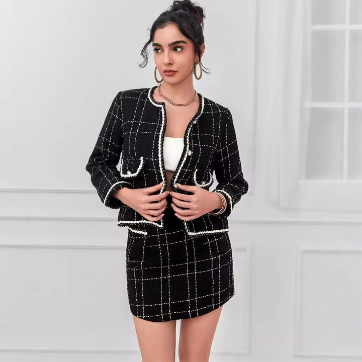 Damen Zweiteiliges Bouclé-Blazer-Set mit Zierstreifen und tailliertem Minirock – Valéne