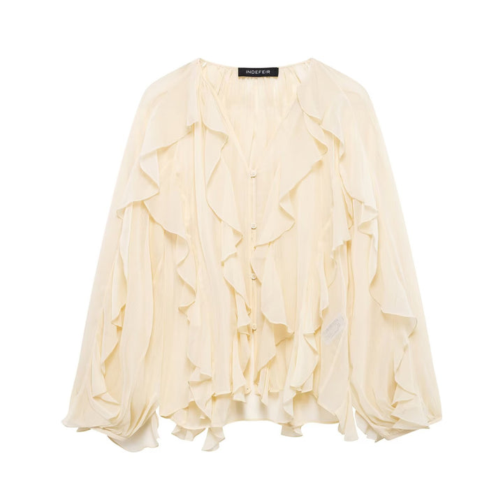 Damen nan feminine Chiffon-Volantbluse mit Ballonärmeln und V-Ausschnitt Echo Archiv