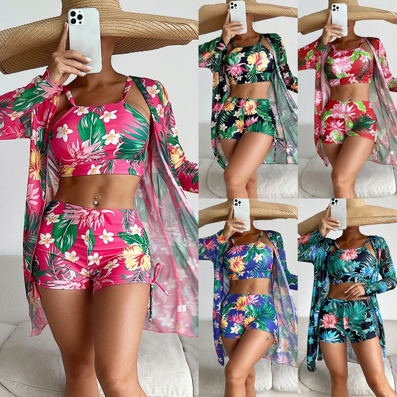 Damen Sport-Bikini-Set mit farbenfrohem Floralprint und lässiger Wickeljacke Echo Archiv