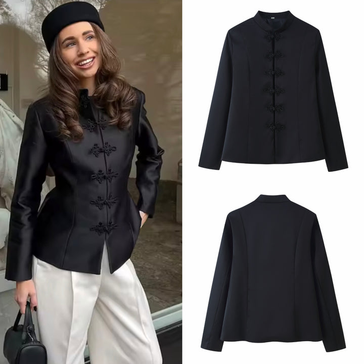 Damen 100+ elegante taillierte Blusenjacke mit Mandarinkragen und dekorativen Knotenverschlüssen Echo Archiv