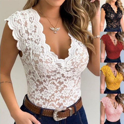 Damen Spitzenbodysuit mit tiefem V-Ausschnitt und Rüschenärmeln Echoarchiv