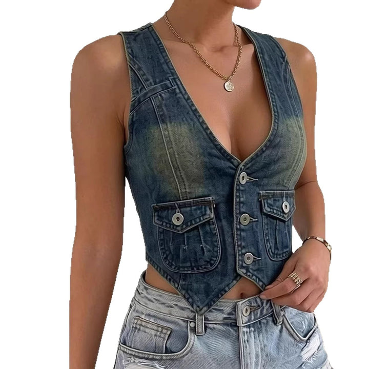 Damen ärmellose Denim-Weste mit aufgesetzten Taschen und tiefem V-Ausschnitt Echo Archiv