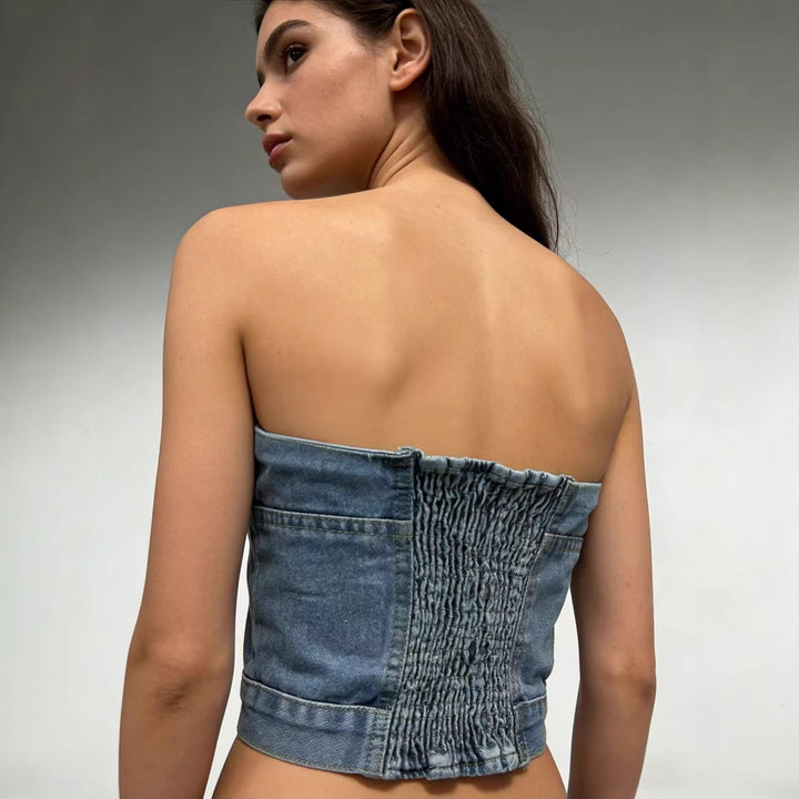 Damen Denim Bustier-Oberteil mit Knopfdetails und tailliertem Schnitt Echo Archiv