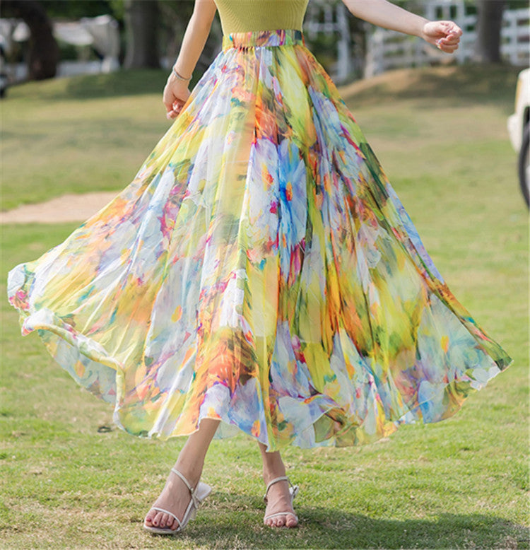 Damen nan lange plissierte Maxirock mit floralem Sommerprint und elastischem Bund Echo Archiv