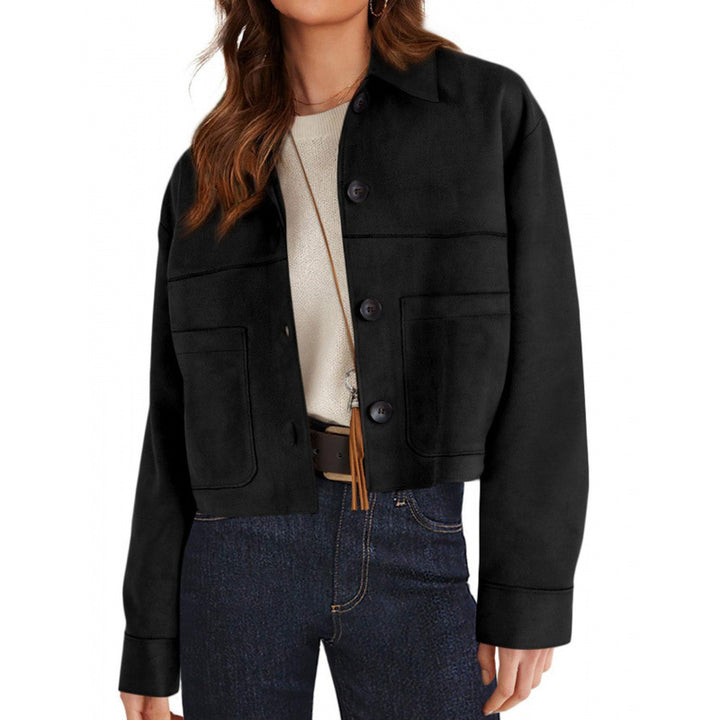 Damen kurze Wildleder-Optik Jacke mit aufgesetzten Taschen und Hemdkragen Echo Archiv