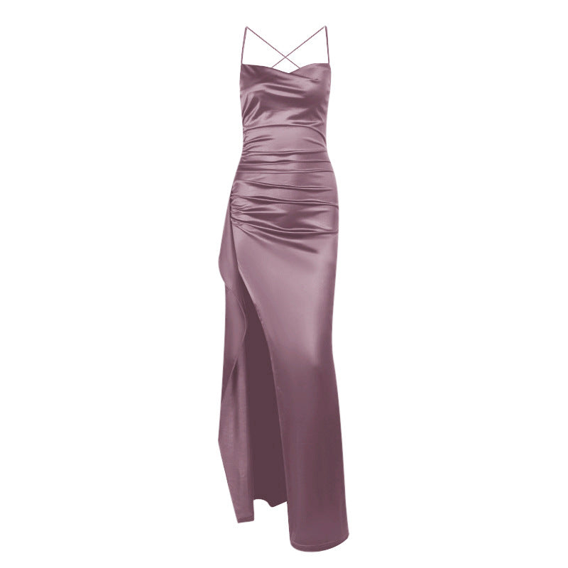 Damen elegantes Satin-Kleid mit tiefem Schlitz und verstellbaren Spaghetti-Trägern Echo Archiv