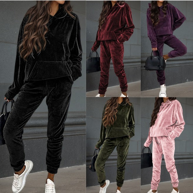 Damen Samt-Jogginganzug mit Kapuzenhoodie, Kängurutasche und elastischer Bündchenhose Echoarchiv