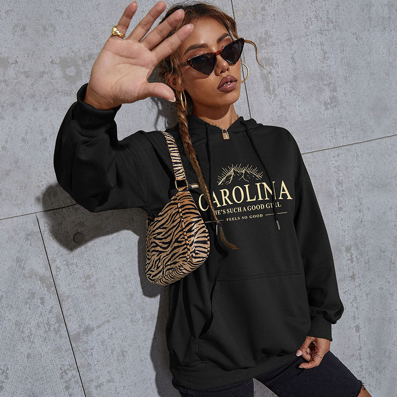 Damen Lässiger Oversize-Kapuzenpullover mit Statement-Print, Kängurutasche und Rippbündchen Echoarchiv