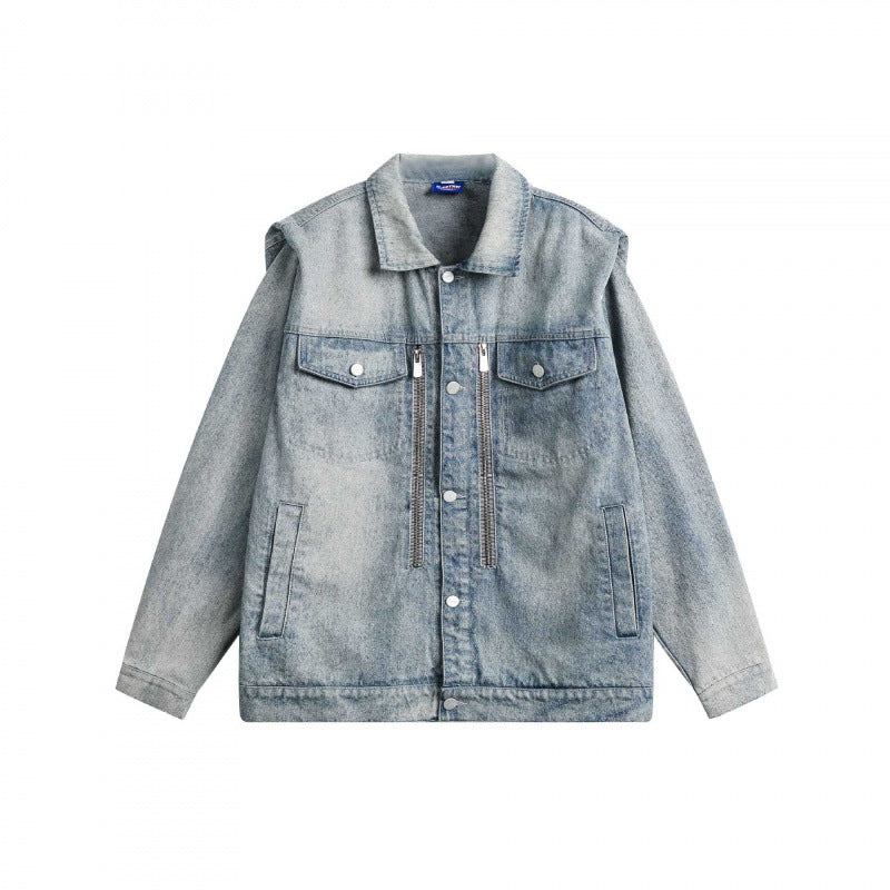 Unisex Boxy-Jeansjacke mit doppeltem Brustreißverschluss, Pattentaschen und geradem Saum Echo Archiv