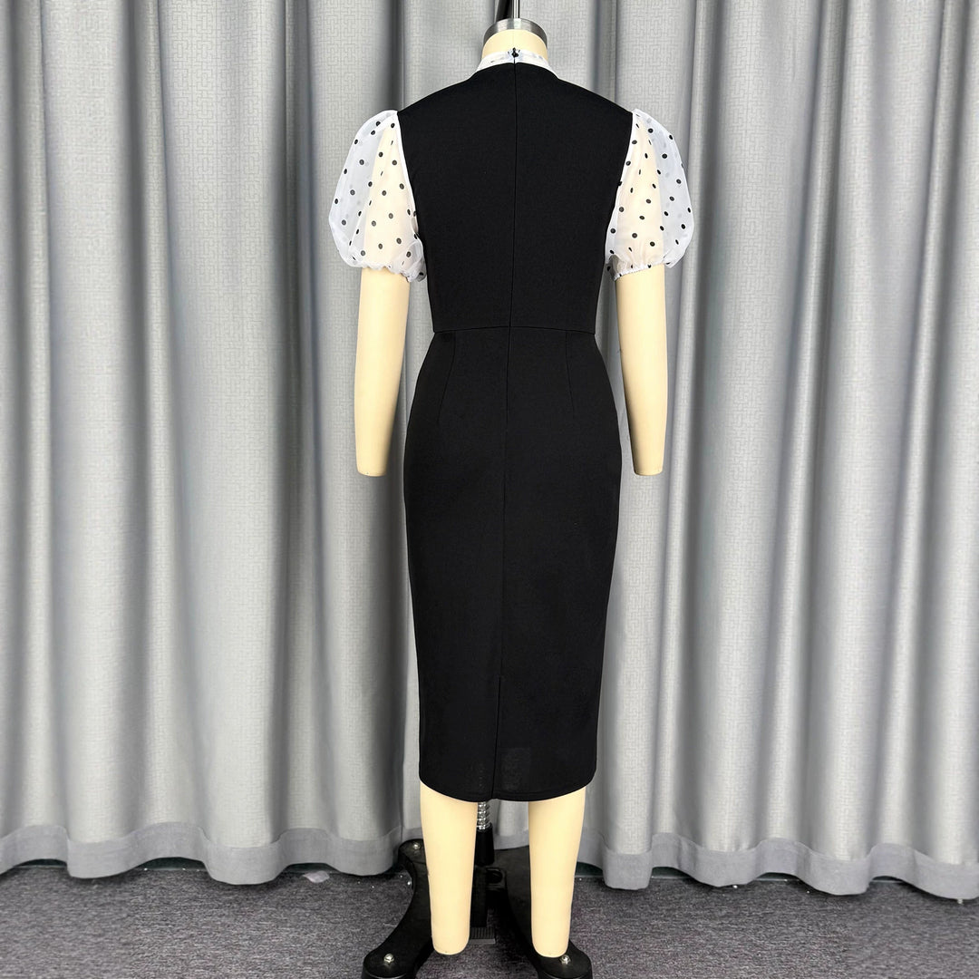 Damen figurbetontes Midi-Kleid mit transparenten Puffärmeln und Schleifenkragen Echo Archiv