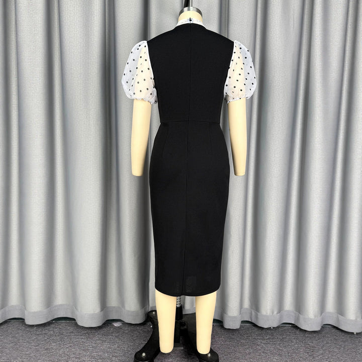 Damen figurbetontes Midi-Kleid mit transparenten Puffärmeln und Schleifenkragen Echo Archiv
