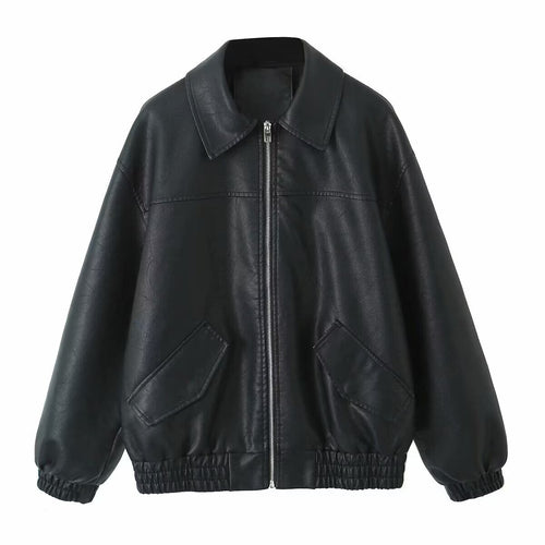 Damen nan oversized Kunstleder-Bomberjacke mit Hemdkragen elastischem Saum und aufgesetzten Pattentaschen Echo Archiv