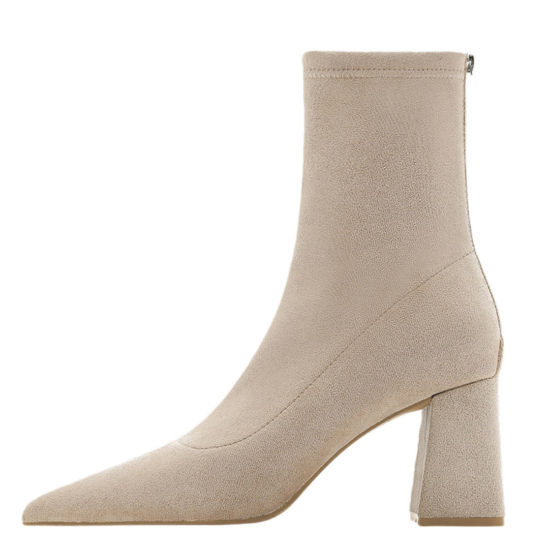 Damen Spitze Sock‑Ankle‑Boots mit skulpturellem Blockabsatz und Stretch‑Veloursoptik – Varelle