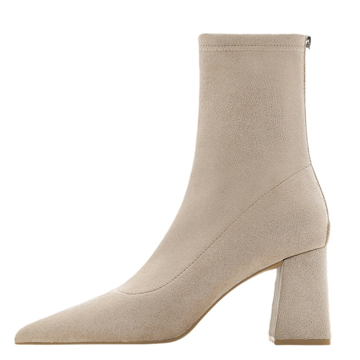 Damen Spitze Sock‑Ankle‑Boots mit skulpturellem Blockabsatz und Stretch‑Veloursoptik – Varelle