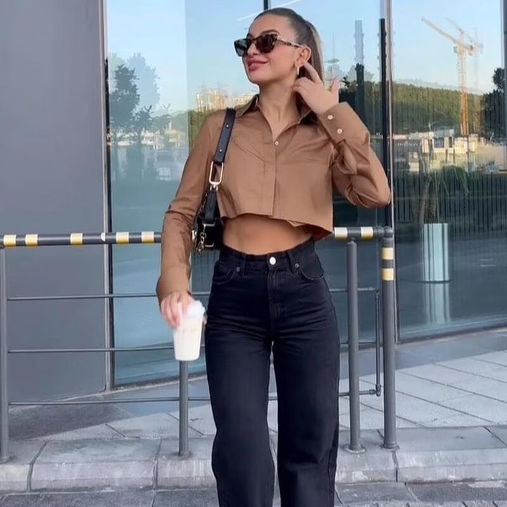 Damen nan kurze Hemdbluse mit klassischem Kragen, verdeckter Knopfleiste und Brusttasche Echo Archiv