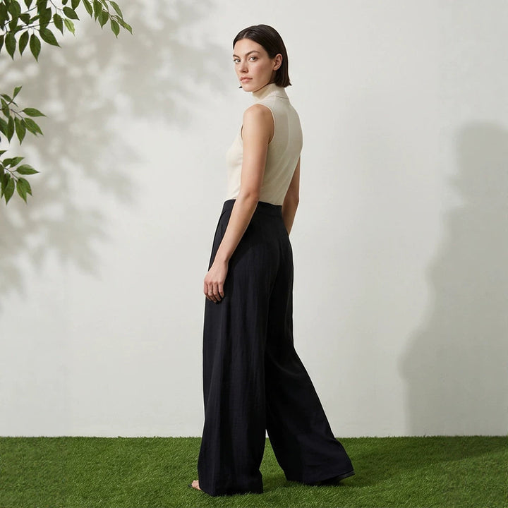 Damen High‑Waist Wickel‑Palazzohose mit weitem Bein und fließender Leinenoptik Echoarchiv