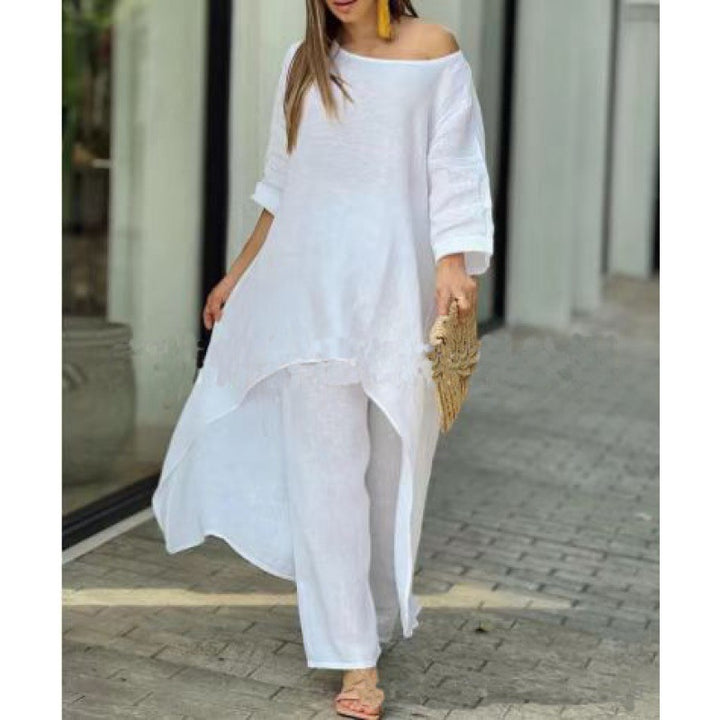 Damen Leichtes Leinen-Zweiteiler mit asymmetrischer High-Low-Tunika und weiter Palazzo-Hose Echo Archiv