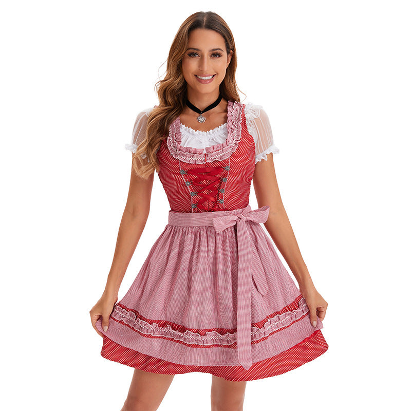 Damen nan kurzes traditionelles Dirndlkleid mit Korsett-Schnürung Spitzendetails und bindbarer Schürze Echo Archiv
