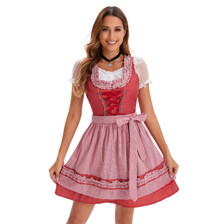 Damen nan kurzes traditionelles Dirndlkleid mit Korsett-Schnürung Spitzendetails und bindbarer Schürze Echo Archiv