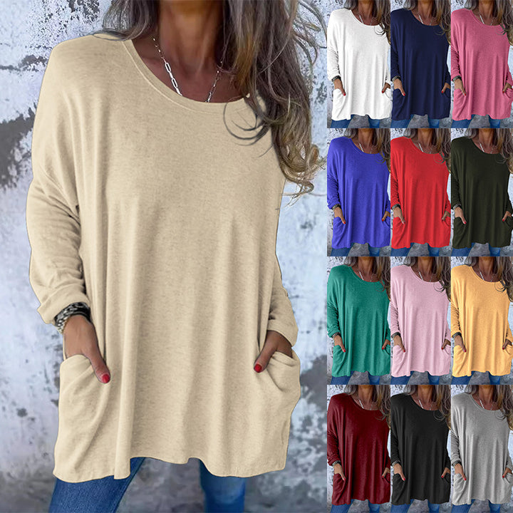 Damen Weiches Oversize Langarmshirt mit Rundhalsausschnitt, Lässigen Ärmeln und Seitentaschen – Avérine