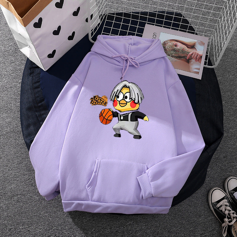 Unisex Kapuzenpullover mit Comic-Küken Basketballprint, Kängurutasche und weichem Fleece – Auréline