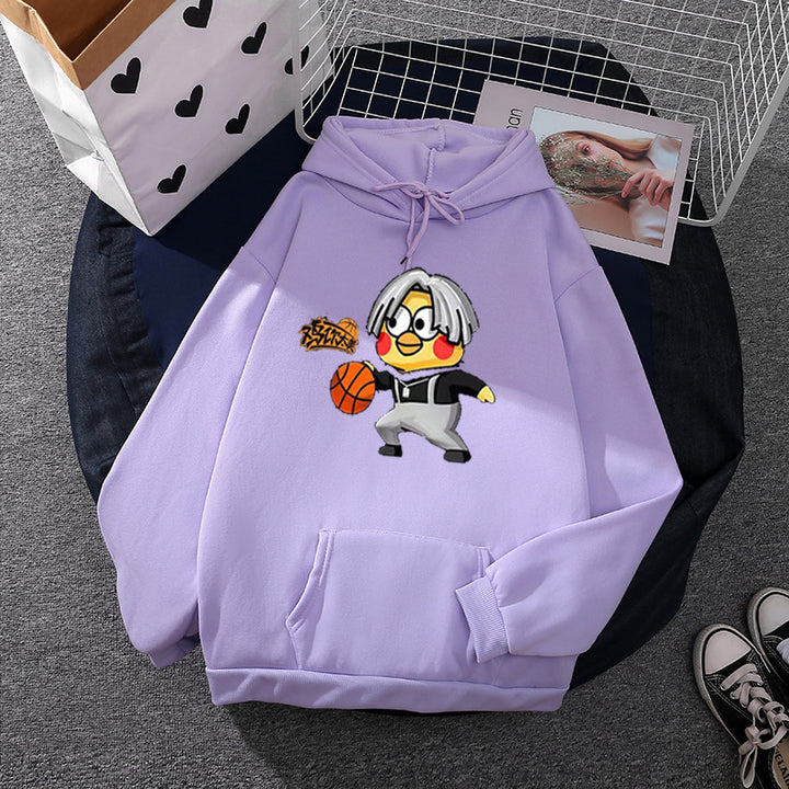 Unisex Kapuzenpullover mit Comic-Küken Basketballprint, Kängurutasche und weichem Fleece – Auréline