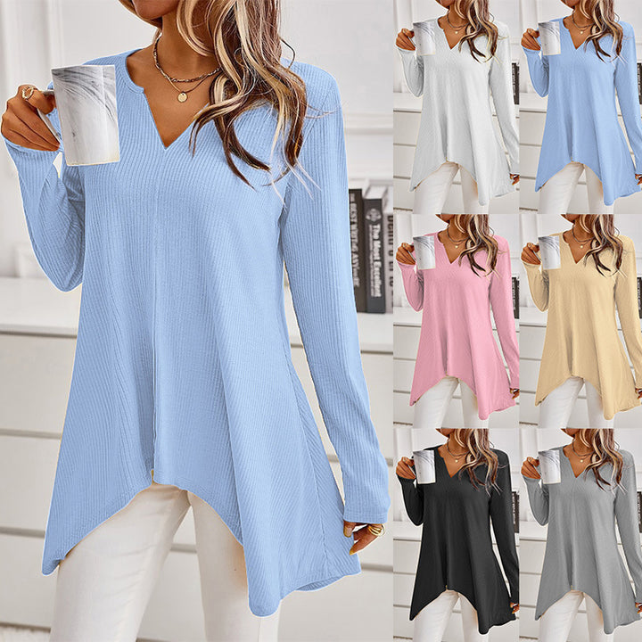 Damen Ripp Longsleeve Tunika mit V-Ausschnitt und asymmetrischem Haifischsaum Echoarchiv